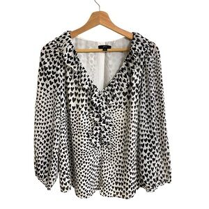 J.Crew black white ruffle trim V neck allover hearts print sheer lined blouse S